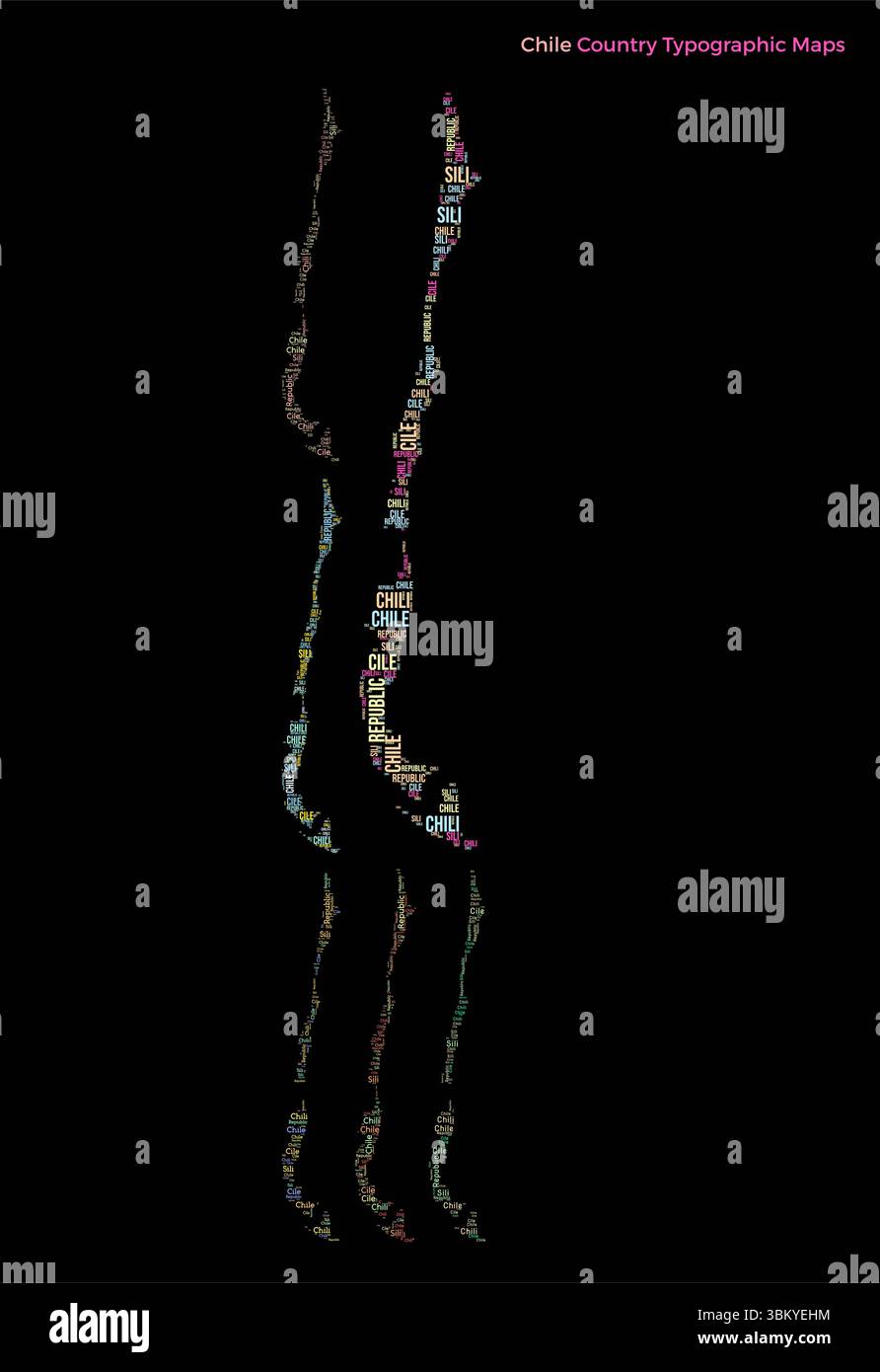 Chile. Satz typografischer Länderabbildungen. Chile Kartenform Aufbau von horizontalen und vertikalen Ländernamen. Vektorabbildung. Stock Vektor