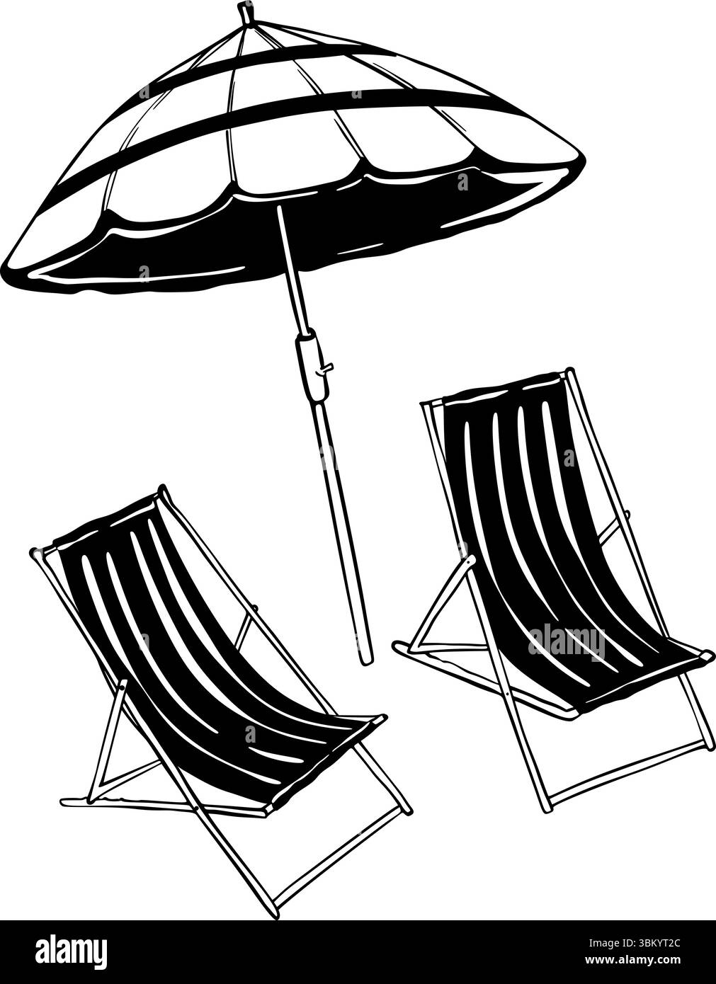 Handgezeichnete Strandschere mit Schirm. Kritzelvektor Vintage Sonnenliege Illustration. Pool, Hotelresort, Lounge-Gartenmöbel. Sonnenschutz-Sitz mit p Stock Vektor