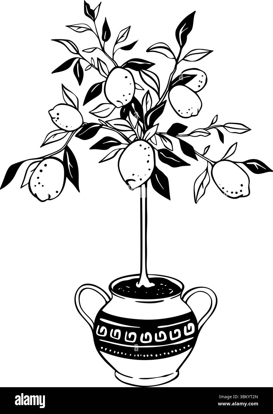 Handgezeichneter Zitronenbaum mit Doodle, in griechischer Vase mit Mosaik und skurrilem Muster gegossen. Blumentopf im Innenbereich. Skizze Linolschnitt Vintage Vektor Illustration. Stock Vektor