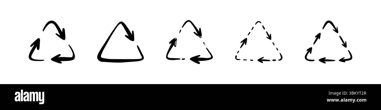 Handgezeichnetes Doodle-Dreieck-Recycling-Symbolsatz. Symbol für Papier, Kunststoff, Müll, Abfall, Wiederverwendung von Handschriften. Buntstift Scribble Grunge Vektor Illustration. Stock Vektor