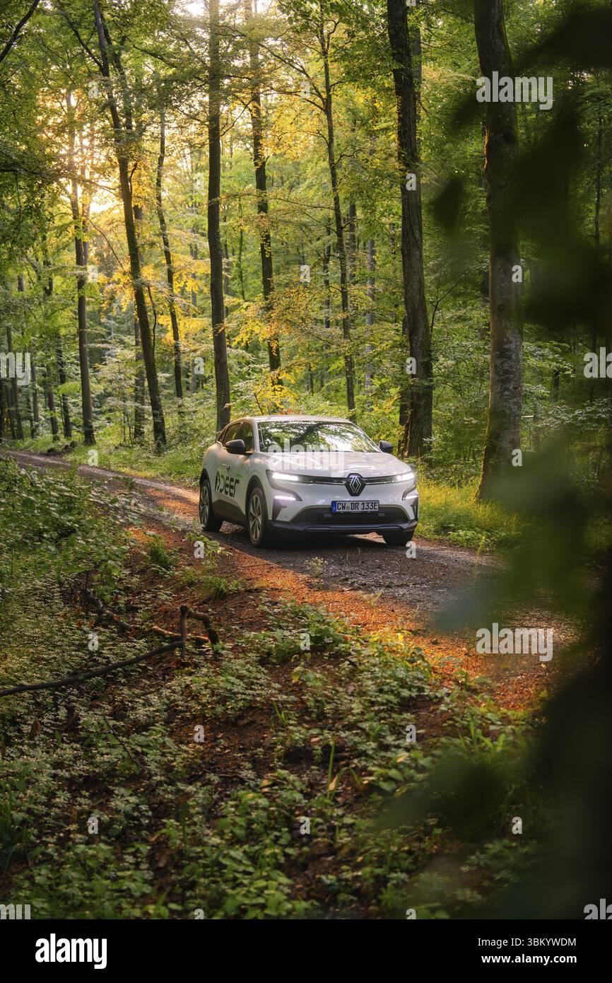 Auto auf beleuchtetem Waldweg, Sonnenlicht durch die Bäume, herbstliche Atmosphäre, Hirsch E-Carsharing, Renault Megane Elektroauto, Calw, Schwarzwald, Stockfoto