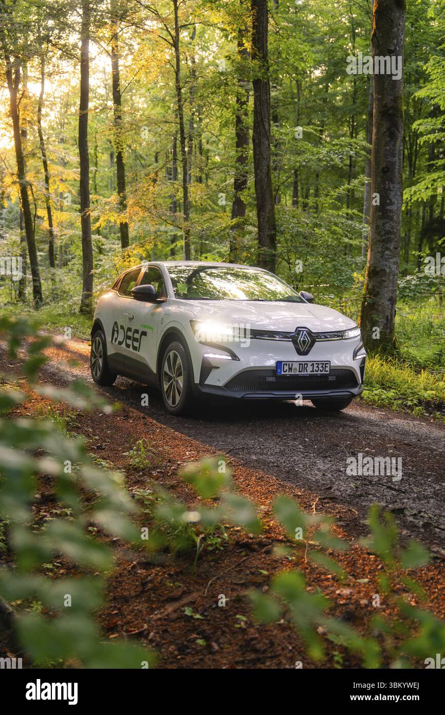 Ein modernes Auto fährt auf einer Forststraße im Sonnenlicht durch grüne Bäume, Hirsch E- Carsharing, Renault Megane Elektroauto, Calw, Schwarzwald, Deutschland Stockfoto