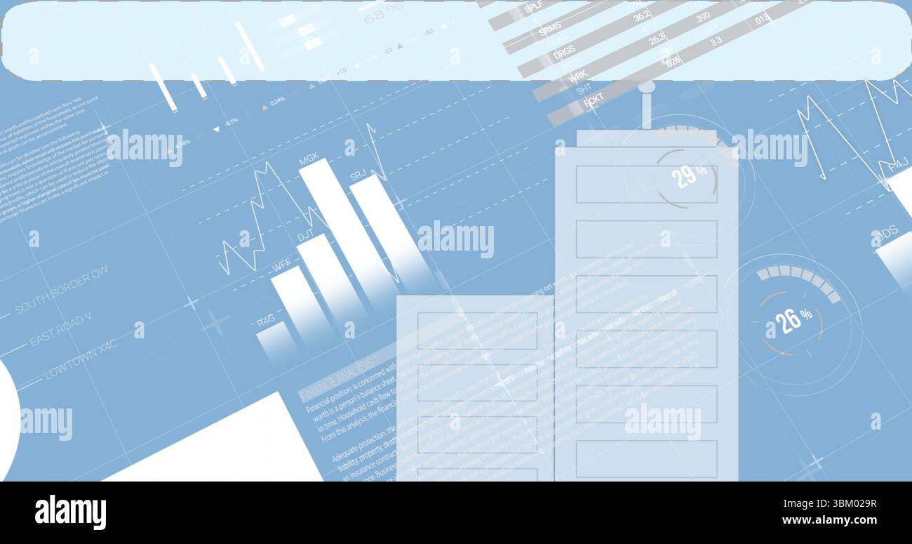 Zeigt ein abstraktes Dashboard mit Panels mit steigenden Balkendiagrammen auf blauem Bildschirm, Anzeigen Stockfoto