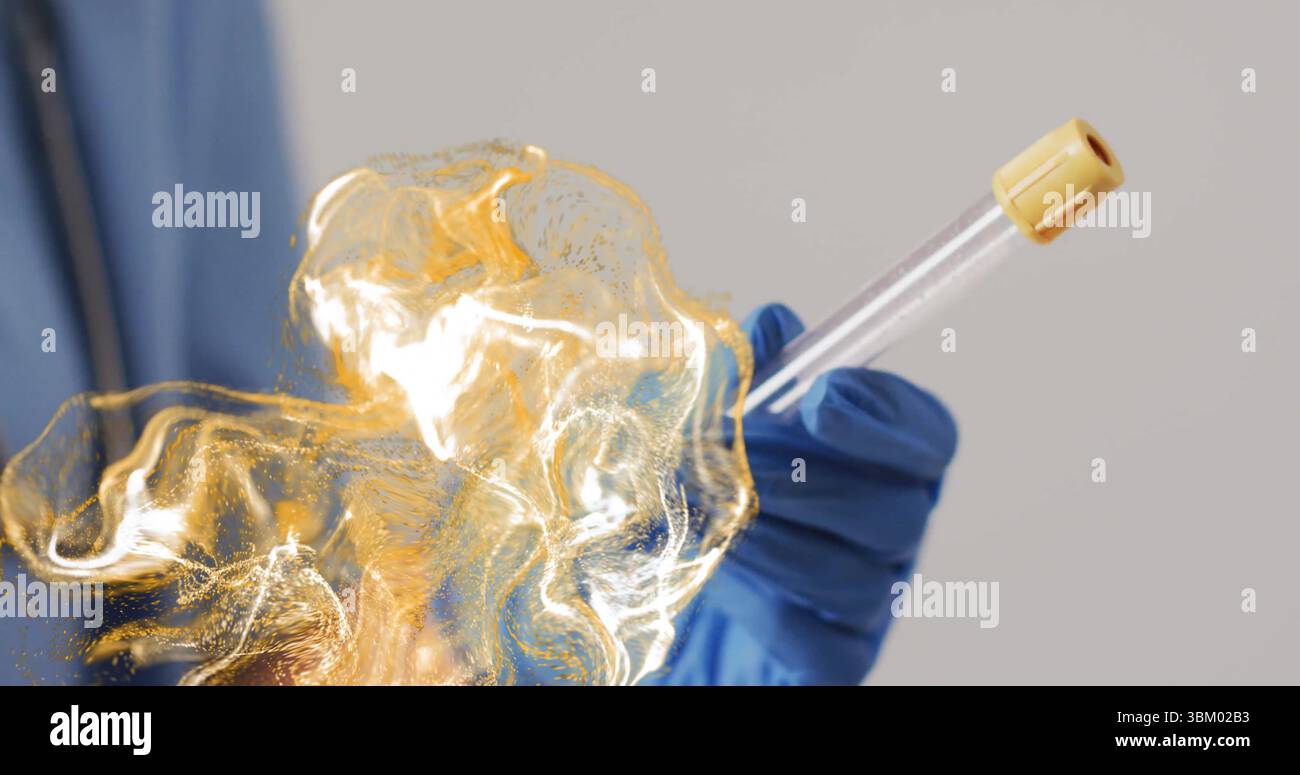 Blaues, mit Nitrilhandschuhen versehenes Reagenzglas mit beigefarbenem Verschluss, das goldenes Licht im Labor wirbelt Stockfoto