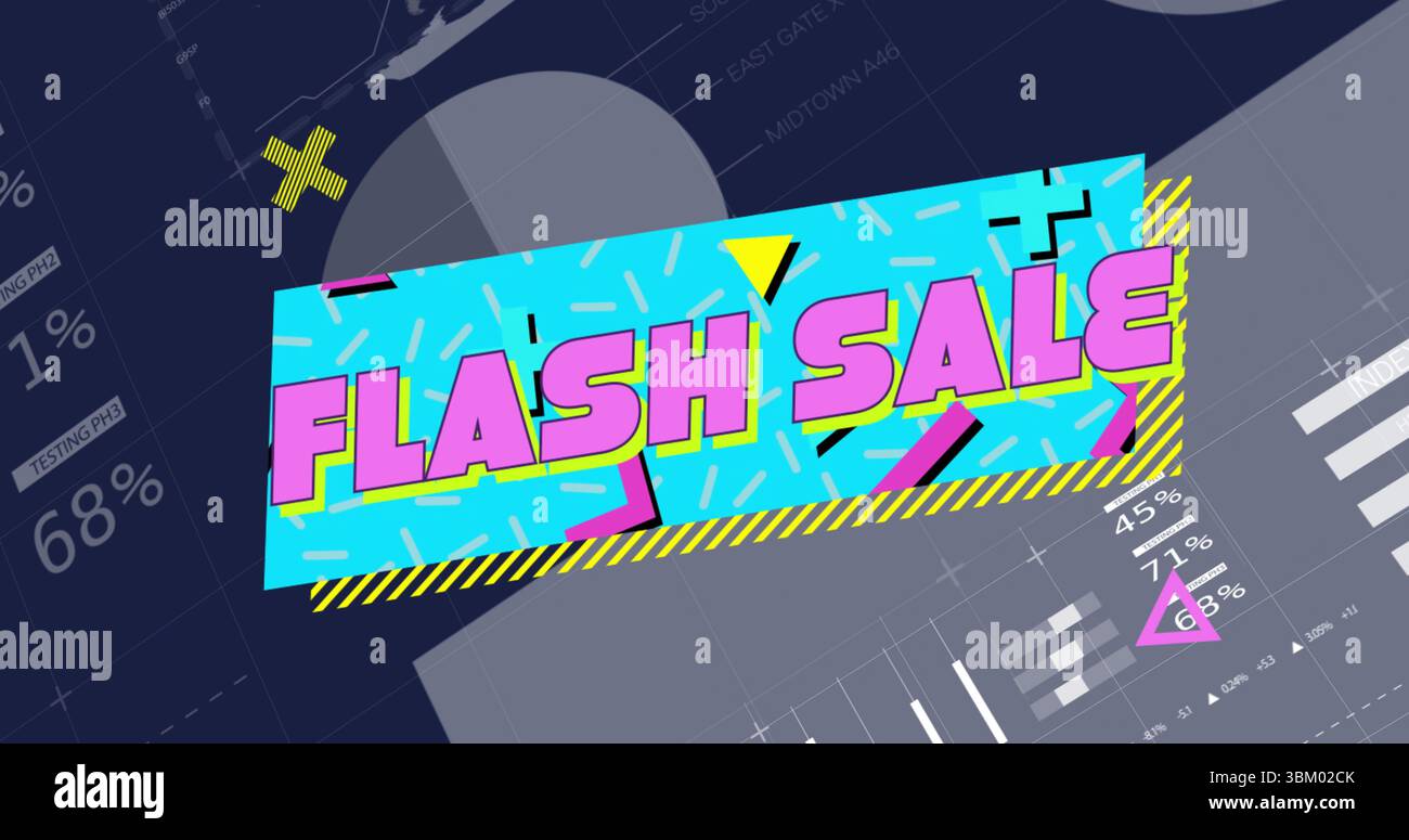 Blaues Banner mit ROSAFARBENEM FLASH-VERKAUFSTEXT in der Verkaufsgrafik, mit Diagrammen und Konfetti-Formen Stockfoto