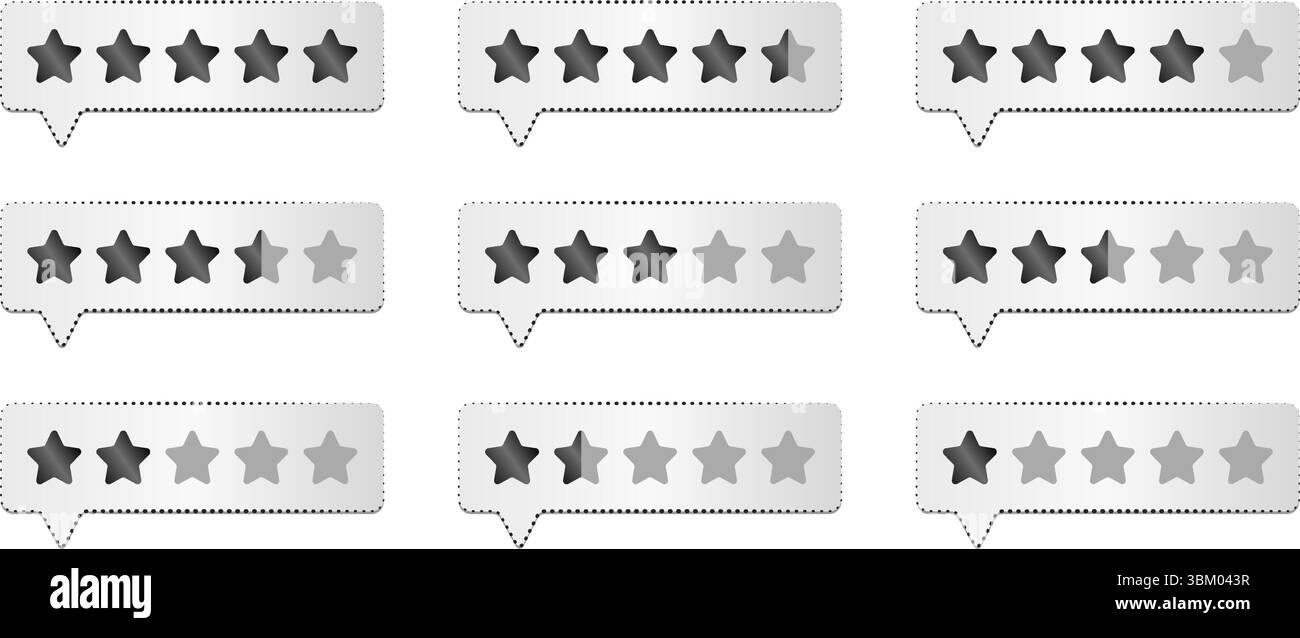 Schwarz-weiße Sternebewertung, raffinierte Benutzerrangliste mit grauen Verlaufsformen, klassisches Feedback und Kundenrezensionen. Monochrome Kundendienstschilder f Stock Vektor