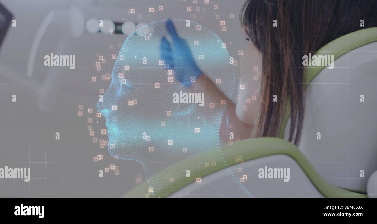 Scantechniker im Labormantel, Handschuhe zur Erfassung des 3D-Drahtmodells im Labor, mit Scanner Stockfoto