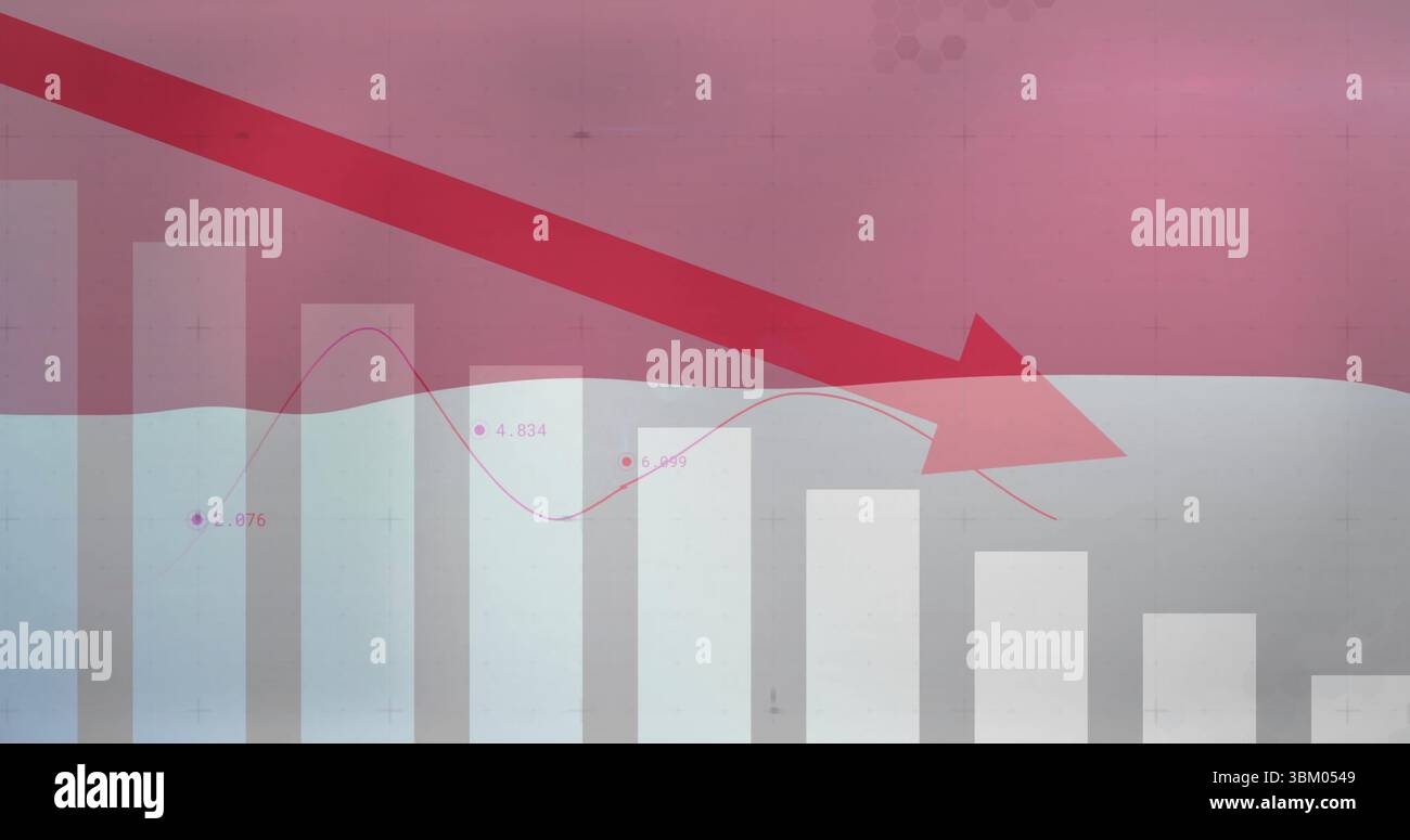 Anzeige vertikaler Balken und roter Pfeile in Infografik mit rosa Linien, Beschriftungen, Gittern und Sechsecken Stockfoto