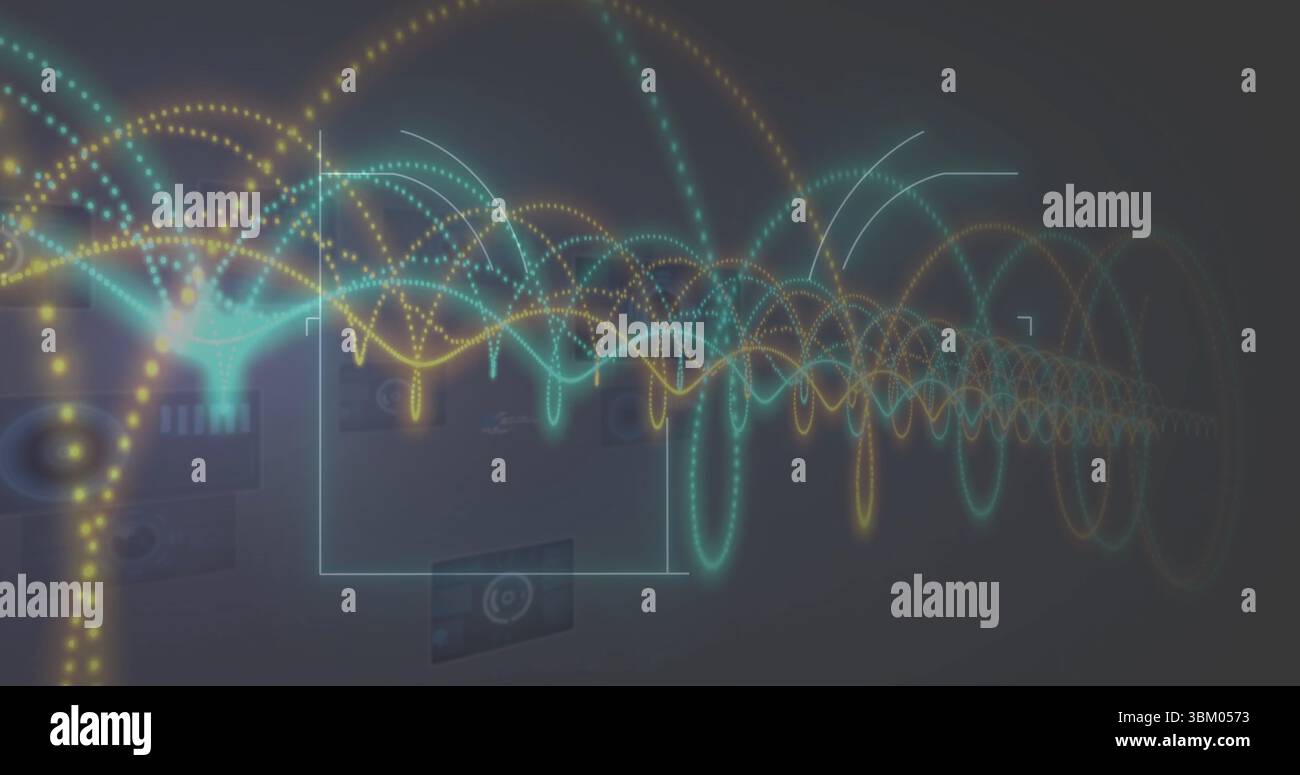 Anzeige von mehrfarbigen Wellenformbögen und gepunkteten Streams über die holografische Benutzeroberfläche mit Rahmen und Bedienfeldern Stockfoto