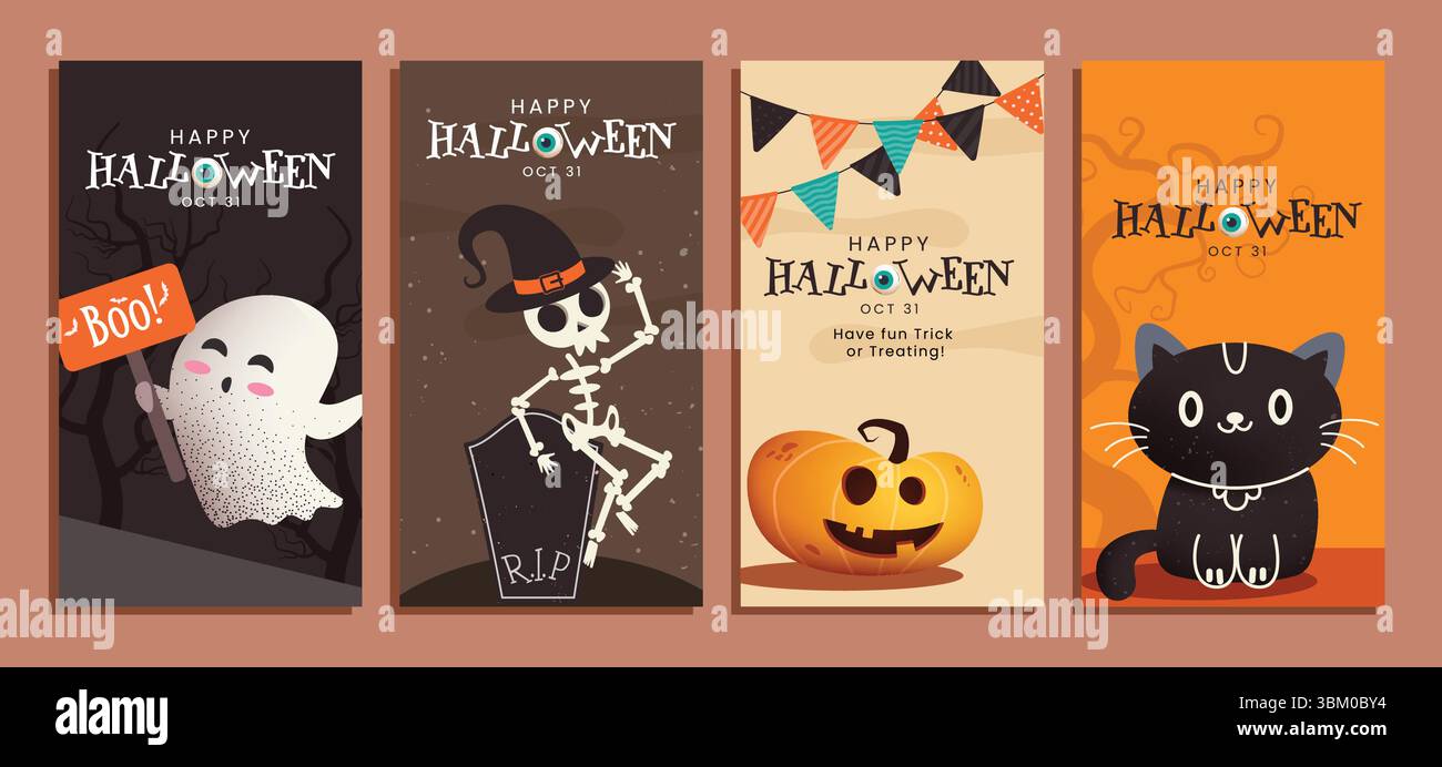 Halloween Party Einladung Karte Clipart Poster Set. Happy Halloween Einladungskarte Clip Art Kollektion mit niedlichem Geist, Skelett, Kürbis und Katze Stock Vektor