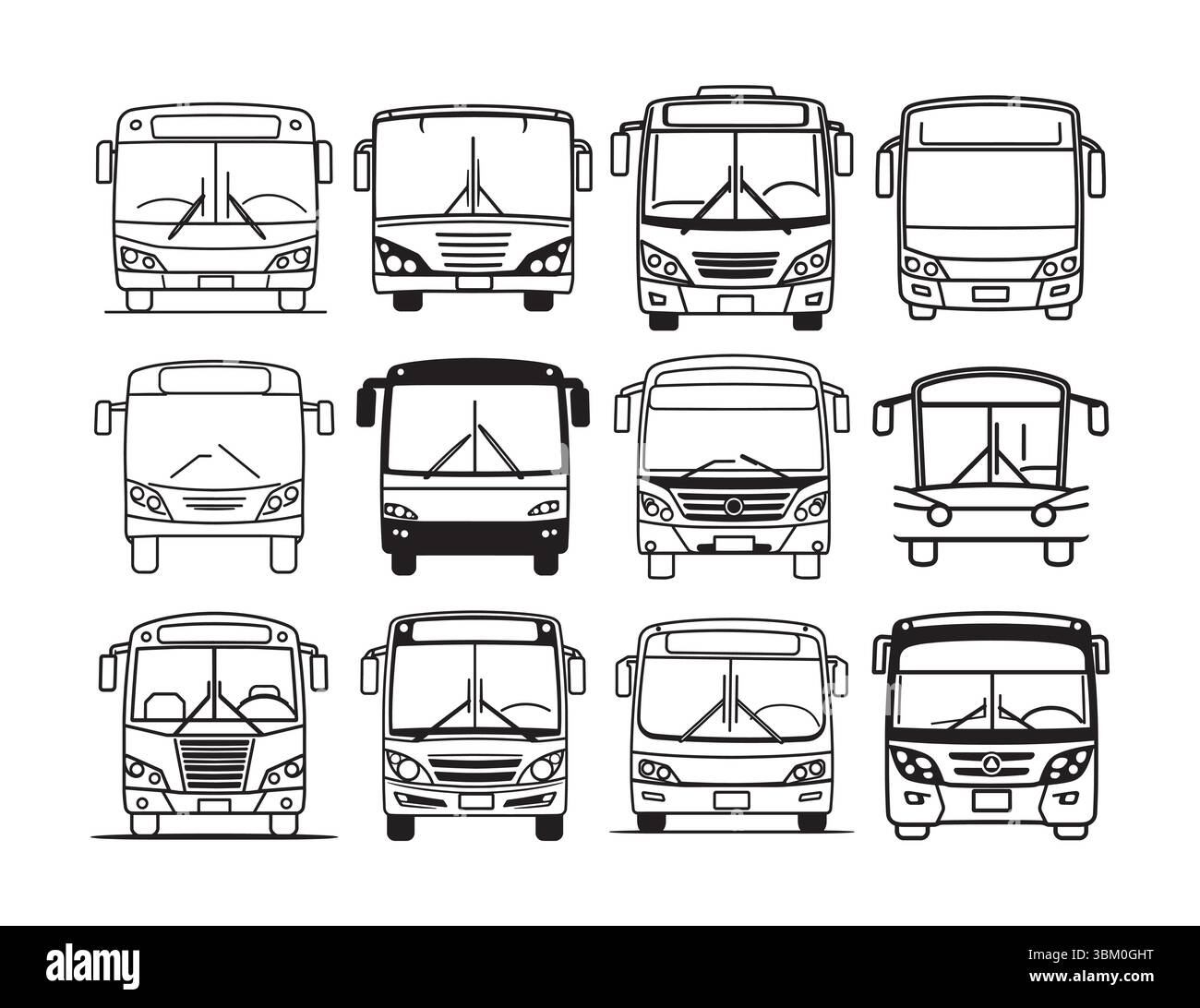 Sammlung von verschiedenen Illustrationen zur Linienansicht des Busses. Schwarz-weiße Linienzeichnung mit verschiedenen Busfrontdesigns. Stock Vektor