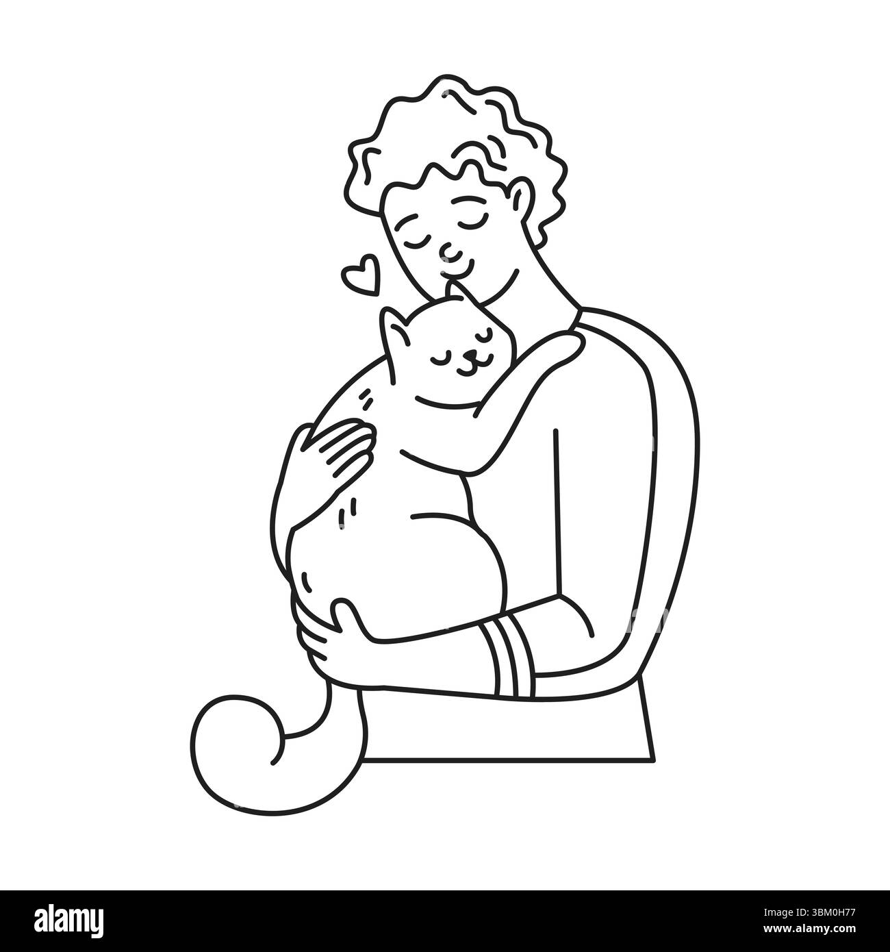Illustration eines Mannes, der liebevoll eine Katze umarmt. Beide sind zufrieden und glücklich. Einfache Linienart mit Herzsymbol. Steht für Sorgfalt und Gesellschaft Stock Vektor
