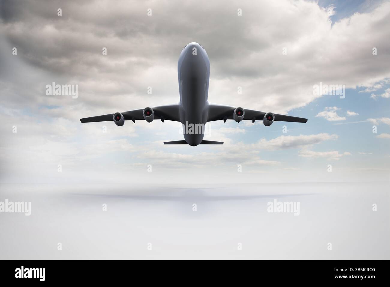 Viermotorige kommerzielle Düsenflugzeuge fliegen über dichter Wolkenschicht in flachem Design Stockfoto