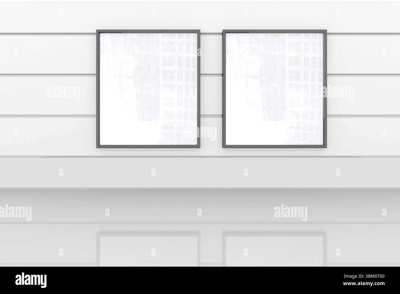 In der 3D-Rendergalerie erscheinen zwei leere Poster mit Metallstreifen und reflektierendem Boden Stockfoto