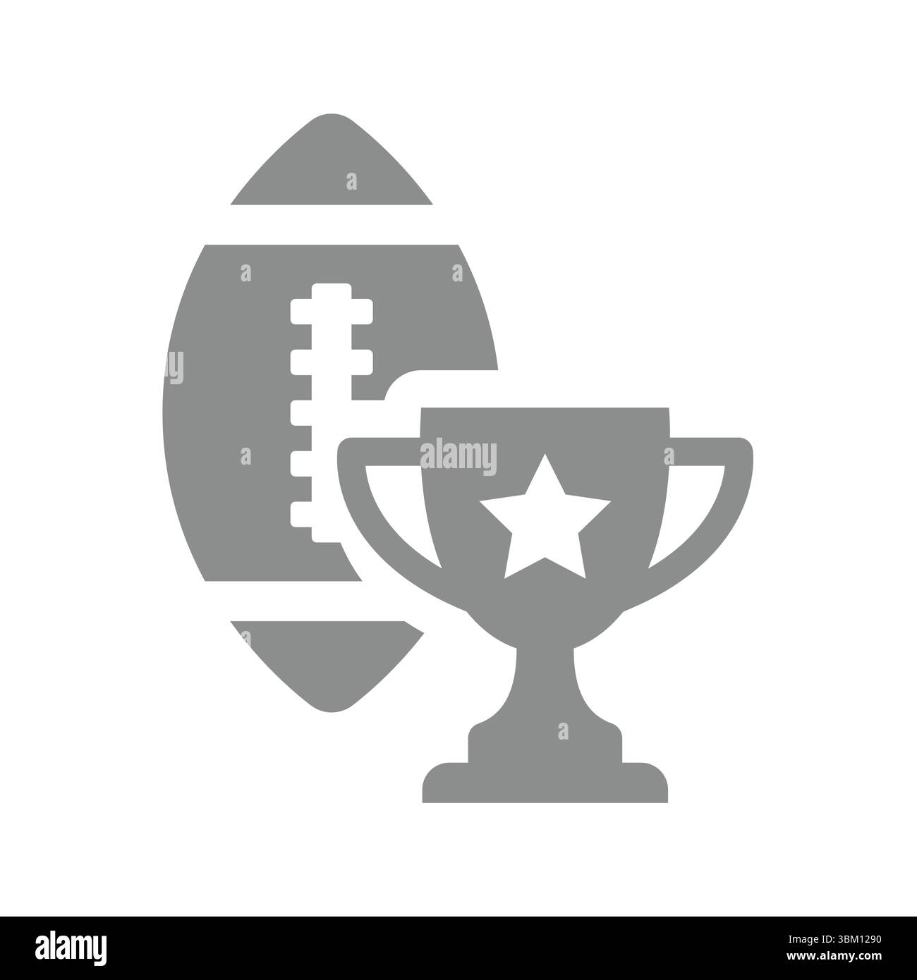 American Football Championship und Turnier. Fußball- oder Rugbyball mit dem Vektorsymbol des Siegerpokals. Stock Vektor