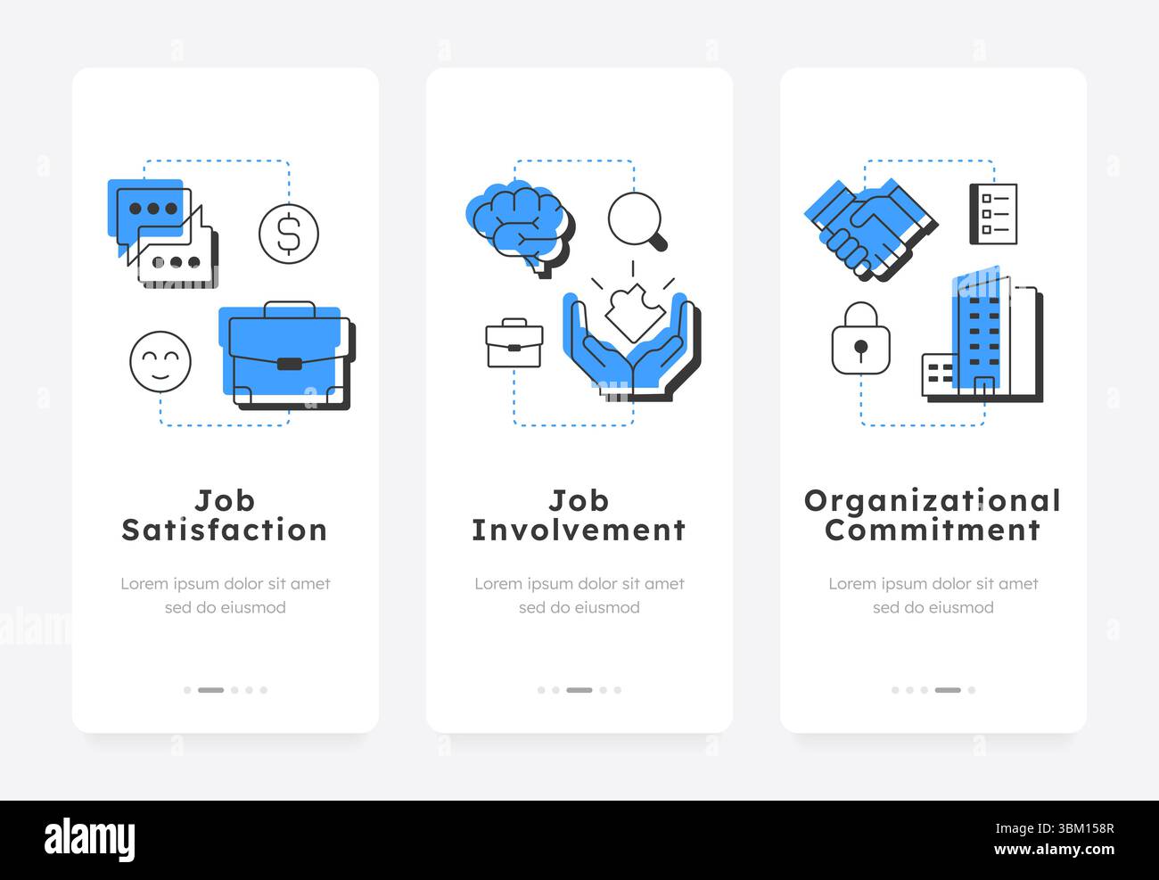 Onboarding-Bildschirme der mobilen App für die Arbeitseinstellung Stock Vektor