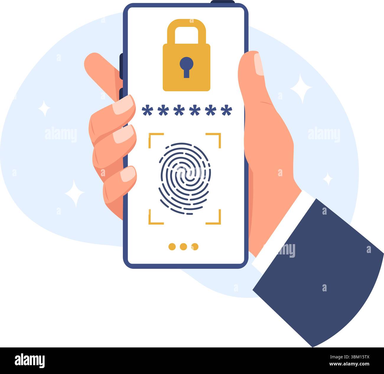 Scannen von Fingerabdrücken auf dem Bildschirm, um das Smartphone zu entsperren. Biometrische eindeutige Identifizierung. Mobile Sicherheitstechnologie. Elektronischer Scanner. Telefonischer Zugang Stock Vektor