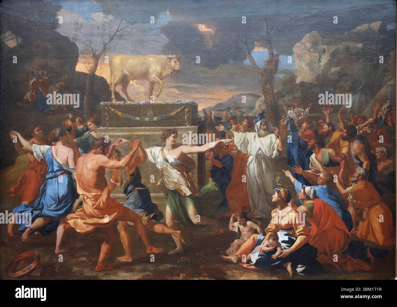 Die Anbetung des Goldenen Kalbes durch den französischen Barockmaler Nicolas Poussin in der National Gallery, London, Großbritannien Stockfoto