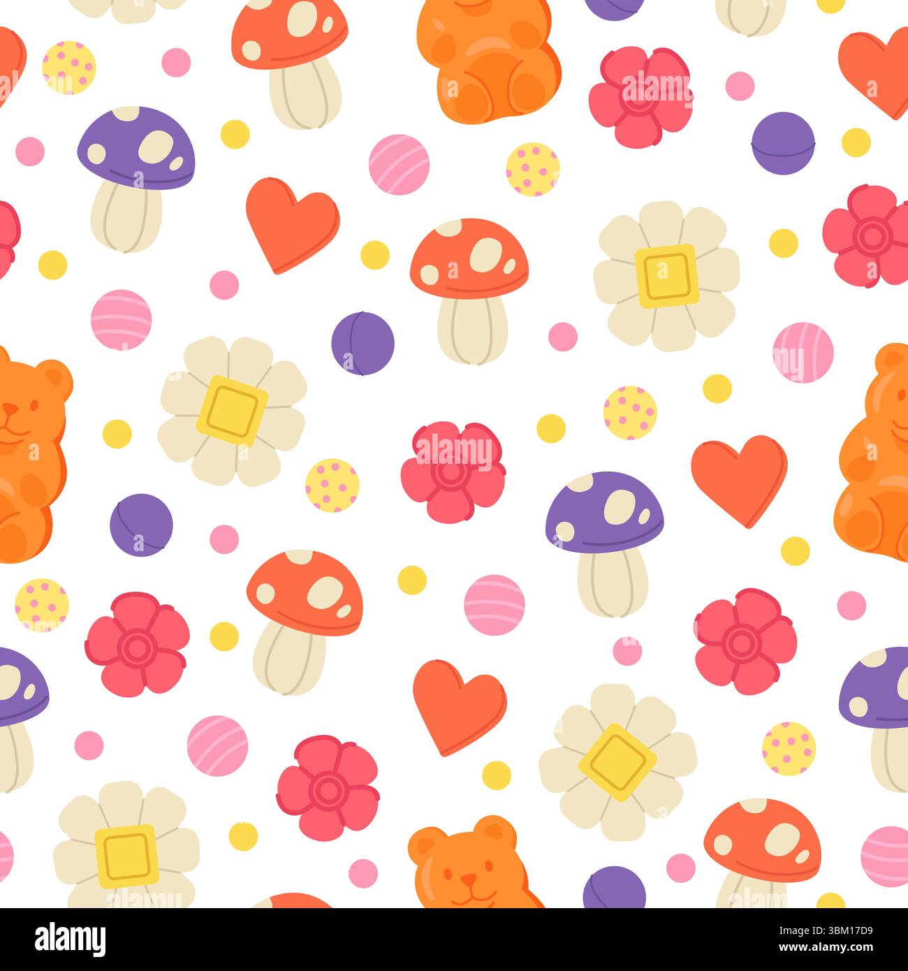 Bunte Lutscher sorgen für nahtlose Muster. Bonbären oder Gummibären. Süße Herzen und Ballons. Zuckerwaren. Wiederholter Druck. Köstliches Bonbon. Stock Vektor