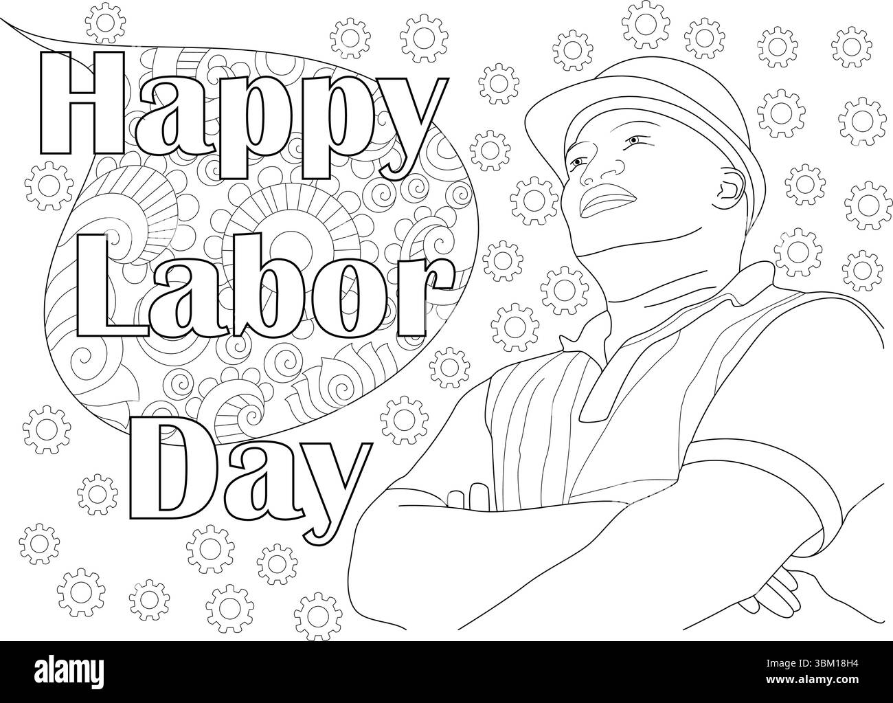 Schwarz-weiße Vektorlinien-Illustration, die eine Person zeigt, die einen Schutzhelm mit überkreuzten Armen trägt und stolz nach oben blickt. Eine große Sprechstunde Stock Vektor