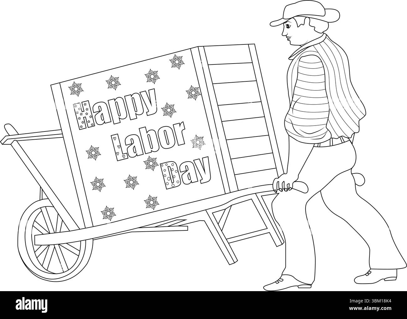 Schwarz-weiße Umrissdarstellung, die einen Mann mit Hut und gestreiftem Hemd zeigt, der eine Schubkarre mit einem großen Schild mit der Aufschrift „Happy Labor Stock Vektor