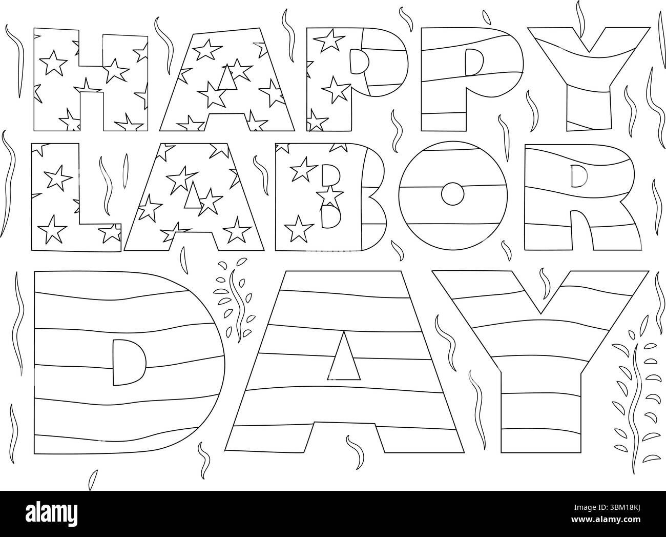 Schwarz-weiße Umrissillustration mit dem Text „HAPPY LABOR DAY“ mit patriotischen Sternen und Streifenmustern in den Buchstaben. Ideal für den Einsatz Stock Vektor