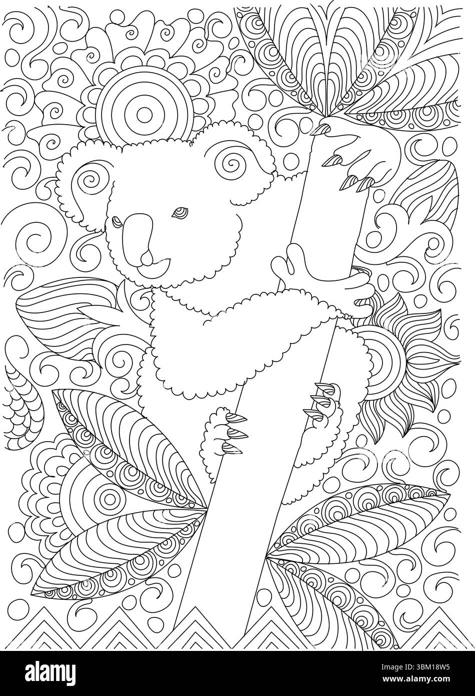 Schwarz-weiße Strichgrafik-Illustration eines niedlichen Koalabären, der sich an einem Baumzweig festhält, umgeben von komplizierten, abstrakten Mustern, die an Zentan erinnern Stock Vektor