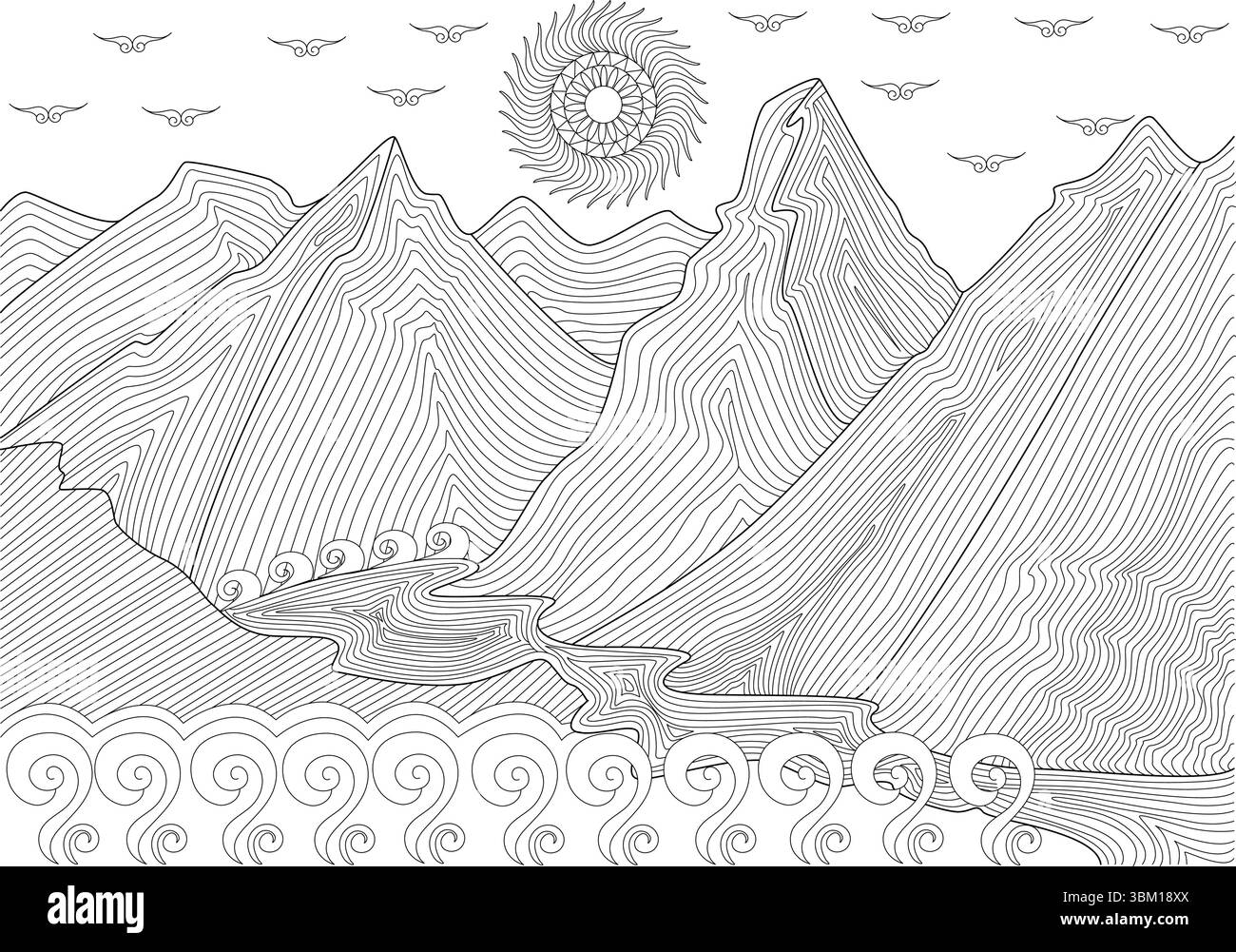 Detaillierte abstrakte Strichkunst-Illustration einer ruhigen Landschaftsszene. Das Bild zeigt sanfte Berge mit fließenden parallelen Linien, ein Sieg Stock Vektor