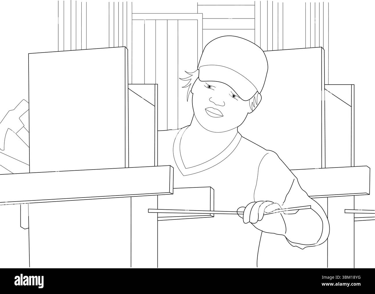 Schwarz-weiße Strichgrafik-Illustration, die eine Person zeigt, die eine Kappe trägt und sich intensiv auf die Verwendung von Werkzeugen zwischen strukturellen Elementen konzentriert. Diese Zeichnung wird repräsentiert Stock Vektor