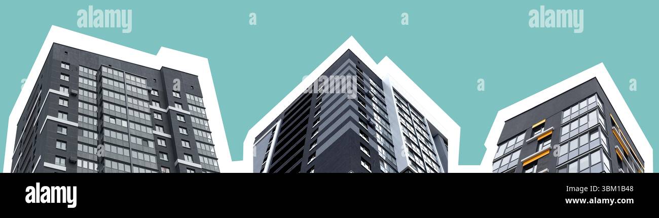 Hohe Betonwohnungen mit blauen Fenstern und minimaler Fassade. Zeitgenössische städtische Architektur, die Mehrfamilienhäuser und Wohneinheiten repräsentiert Stockfoto