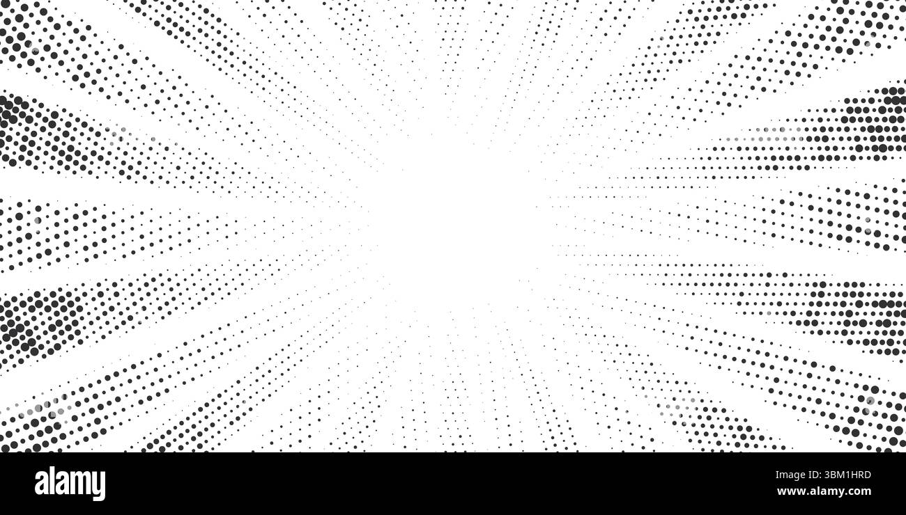 Gepunkteter Comic-Hintergrund mit Rastermuster und Radialstrahlen. Pop Art Sonnenschein bg. Abstrakter Manga-Vektor-Hintergrund. Stock Vektor