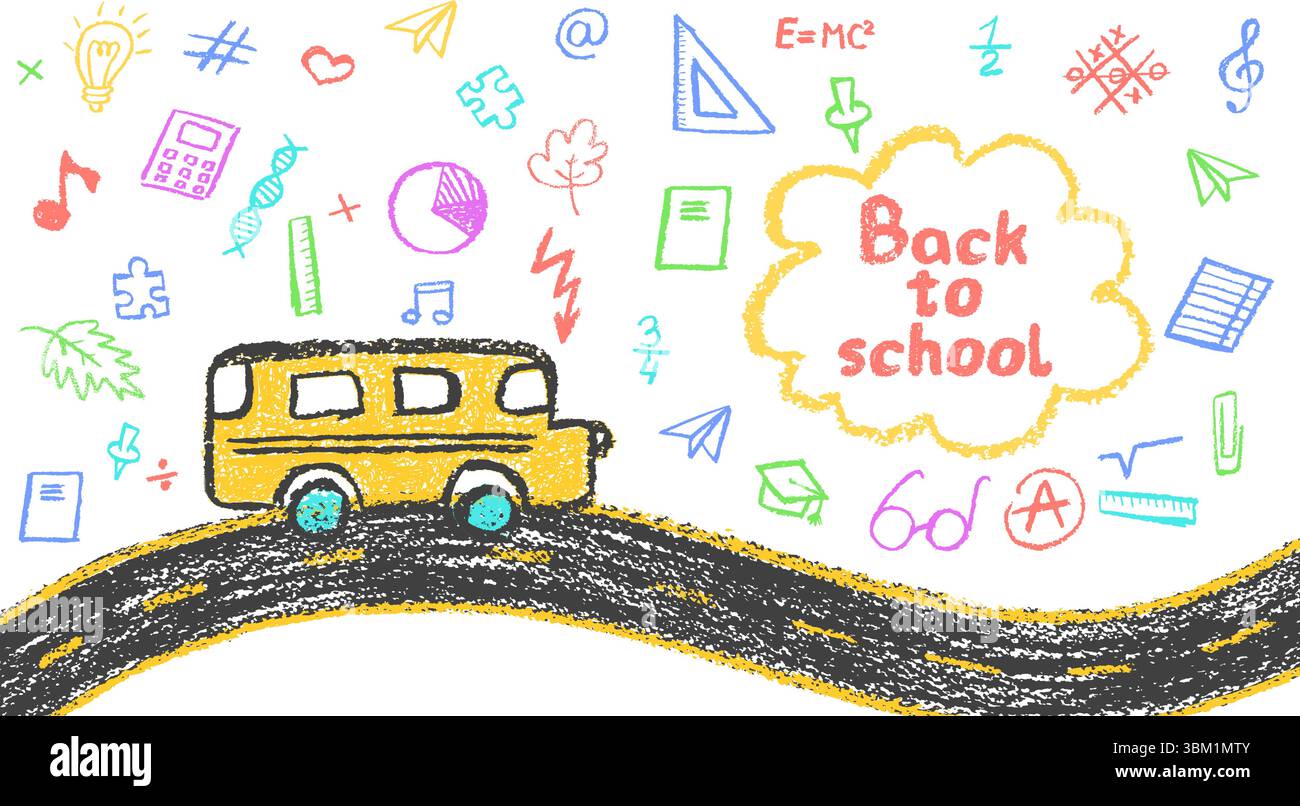 Back-to-School-Artikel-Schild mit Schnitzel-Titel und Kindergartenartikel für Kinder im Grunge-Design. Ein gelber Bus auf einer gekrümmten Straße. Farbenfroher Vektor Stock Vektor