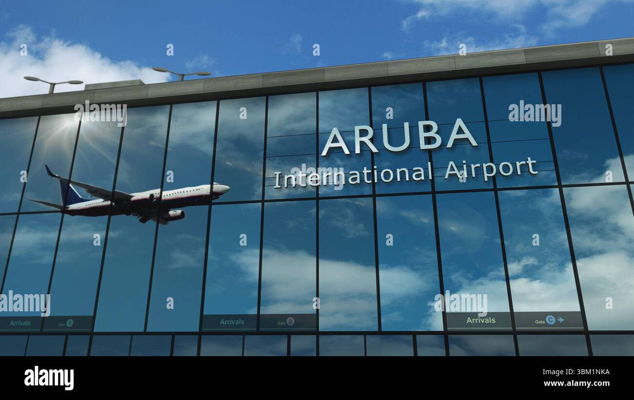 Flugzeugsilhouette landet in Aruba, Karibik. Ankunft in der Stadt mit Hinweisschild zum Flughafen und Sonnenuntergang im Hintergrund. Reise- und Transportkosten Stockfoto