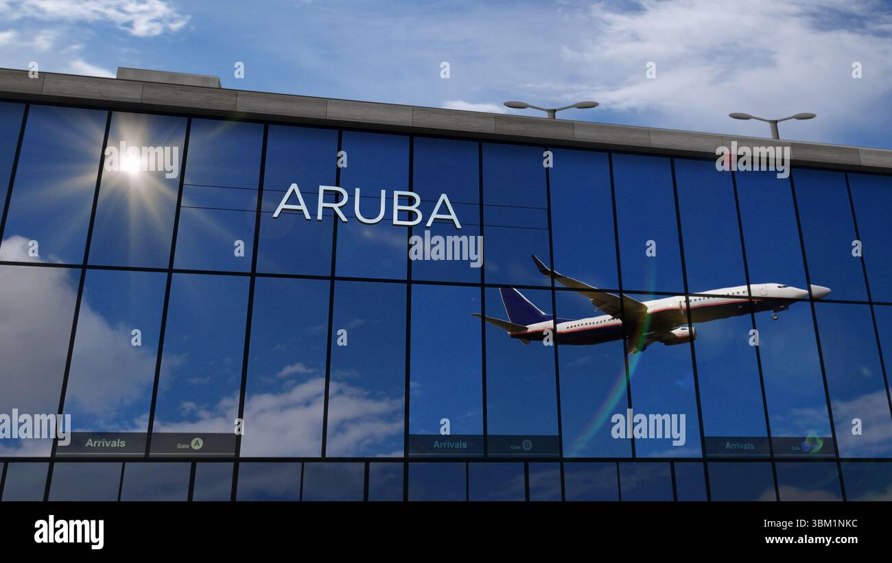 Flugzeugsilhouette landet in Aruba, Karibik. Ankunft in der Stadt mit Hinweisschild zum Flughafen und Sonnenuntergang im Hintergrund. Reise- und Transportkosten Stockfoto