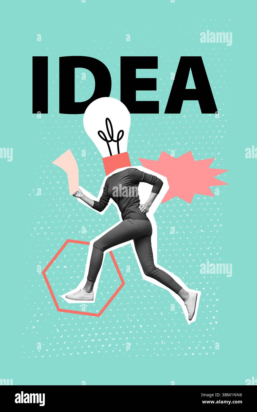 Vorlage Skizze Bild Composite Artwork Collage der Frau Körper laufen Idee Lampe Kopf halten Blatt Herausforderung Weg Unternehmer Ausgangspunkt Stockfoto