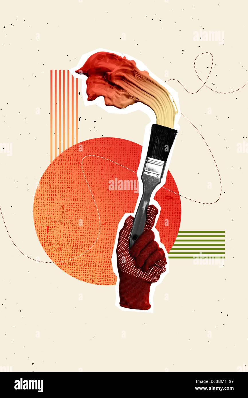Vertikale Foto Zine Pop Collage von Hand halten Pinsel Renovierung Wand Wohnung orange Farbe erneuern Konzept Master Brigade Stockfoto