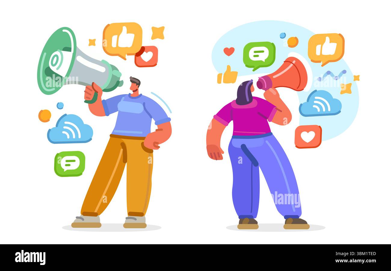 Blogger mit Lautsprecher, Megaphon und sozialen Netzwerken. Einfluss auf das Internet. Digitales Marketing, Werbung Stock Vektor