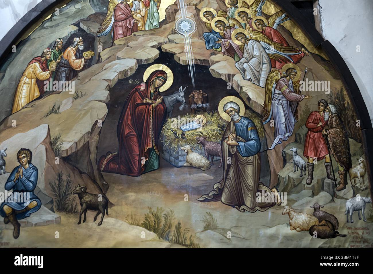 2018 Bethlehem, Palästina; Geburtsszene, Gemälde der Geburt Jesu; Weihnachtskrippe, Gemälde der Geburt Jesu; Escena de la Natividad Stockfoto
