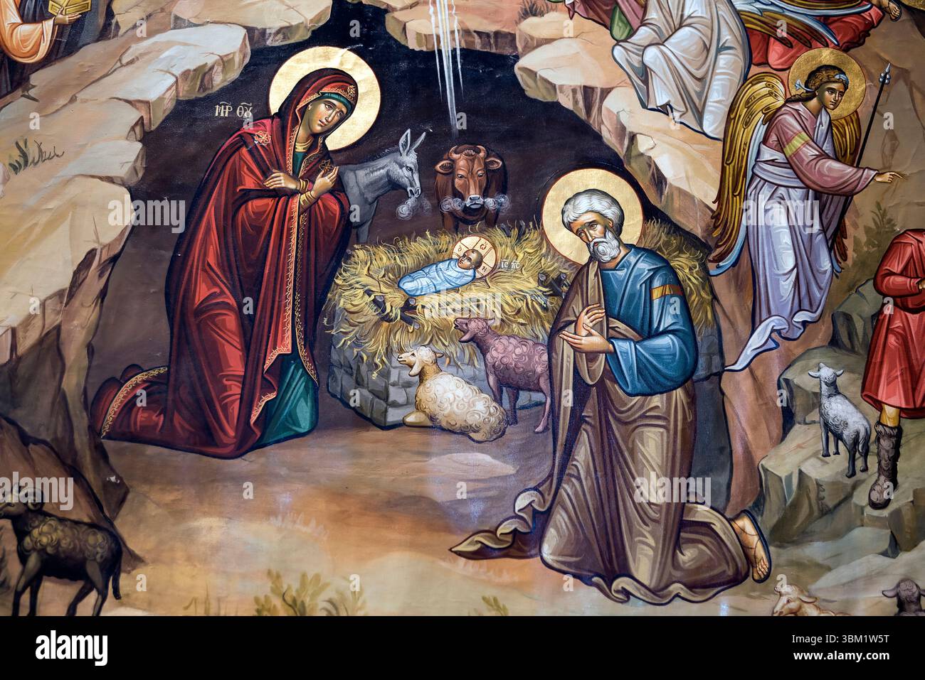 2018 Bethlehem, Palästina; Geburtsszene, Gemälde der Geburt Jesu; Weihnachtskrippe, Gemälde der Geburt Jesu; Escena de la Natividad Stockfoto