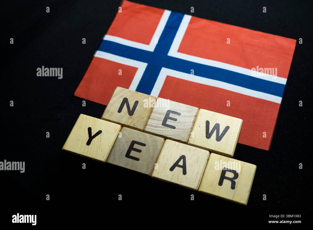 Neujahr für Norweger mit Norwegenflagge auf Banner Stockfoto