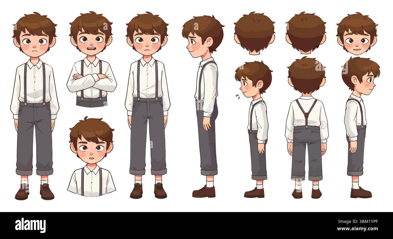 Vektor-Illustration formales Cartoon Boy Charakterblatt mit Hosenträgern Stock Vektor