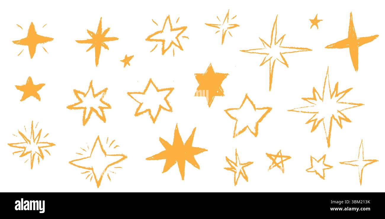 Handgezeichnete Pastellsterne mit Buntstift und Kreide-Textur. Niedliches Icon-Muster mit Bleistiftlinien und Markierungslinien. Vektor-Funkeln-Elemente Stock Vektor