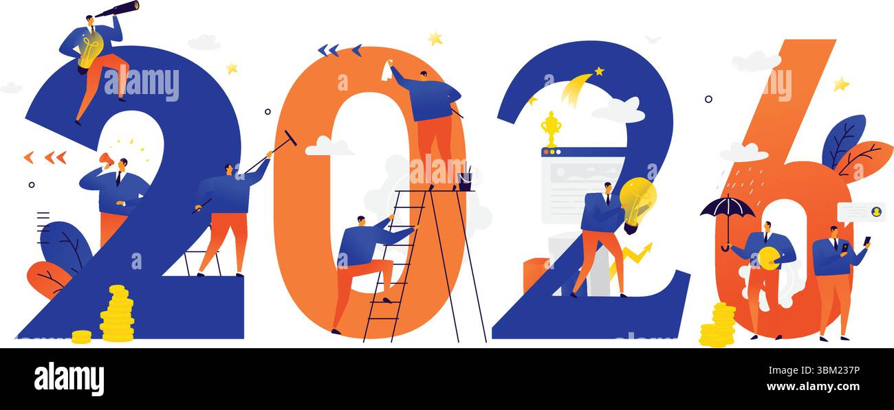 Neujahr 2026. Wir treffen das neue Jahr. Vektor. Geschäftsleute feiern Weihnachten und Neujahr. Neue Horizonte. Vorbereitung auf den Urlaub. Business Meet Stock Vektor