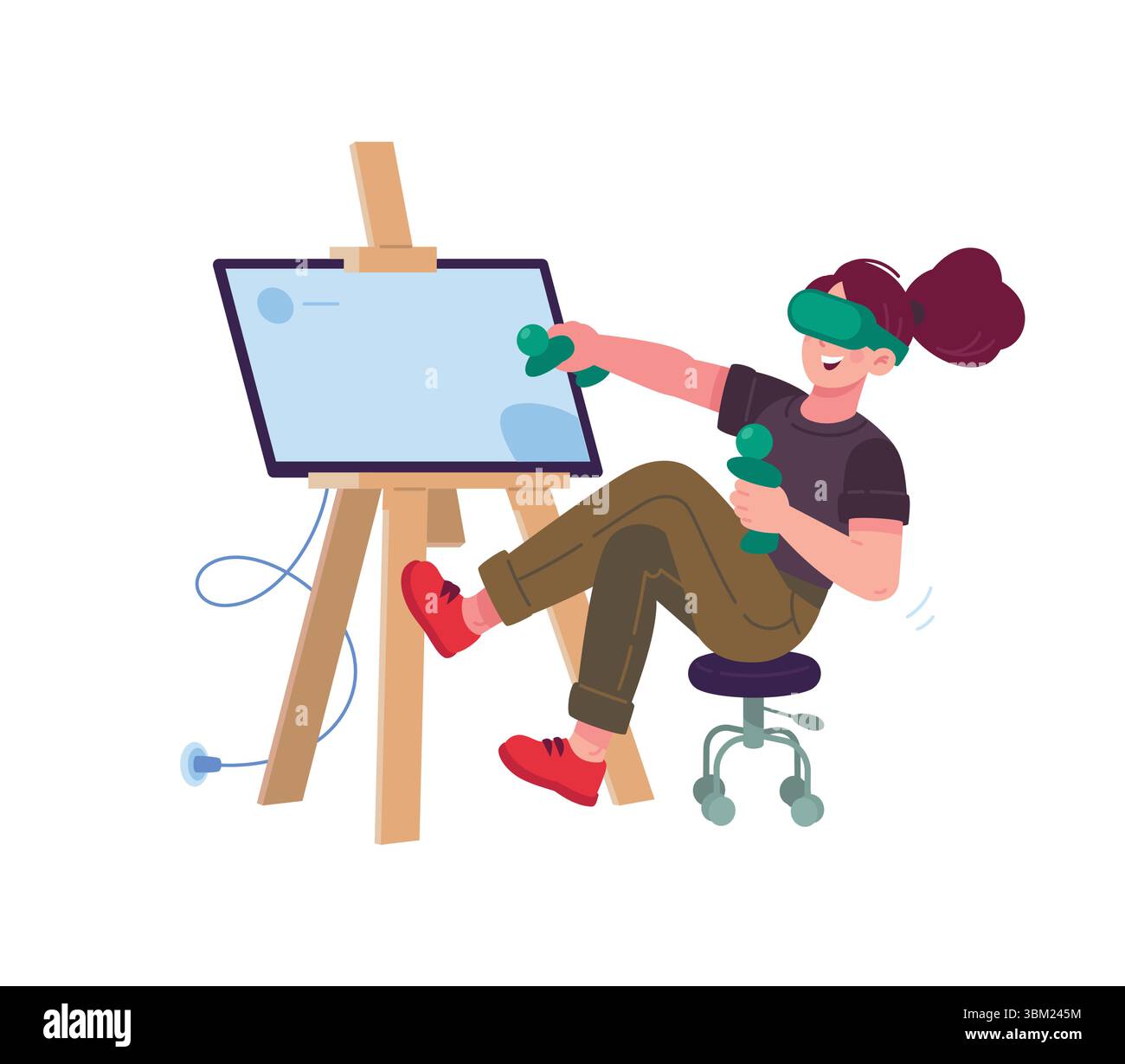 Eine Künstlerillustration eines Mädchens, das eine virtuelle Brille trägt und ein Bild auf einem Monitor malt. Vektor. Flacher STYLE. Abbildung für Design PR Stock Vektor
