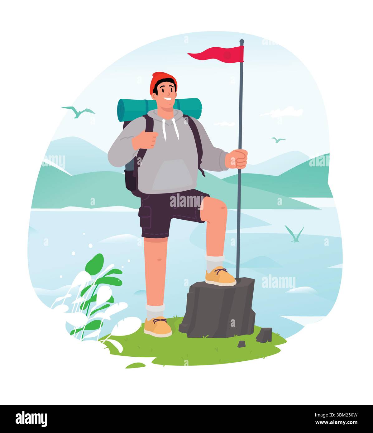 Illustration eines jungen Touristen, Reisenden und Tracker. Vektor. Flacher STYLE. Abbildung für Konstruktionsprojekte. Eine Figur mit Rucksack und fla Stock Vektor
