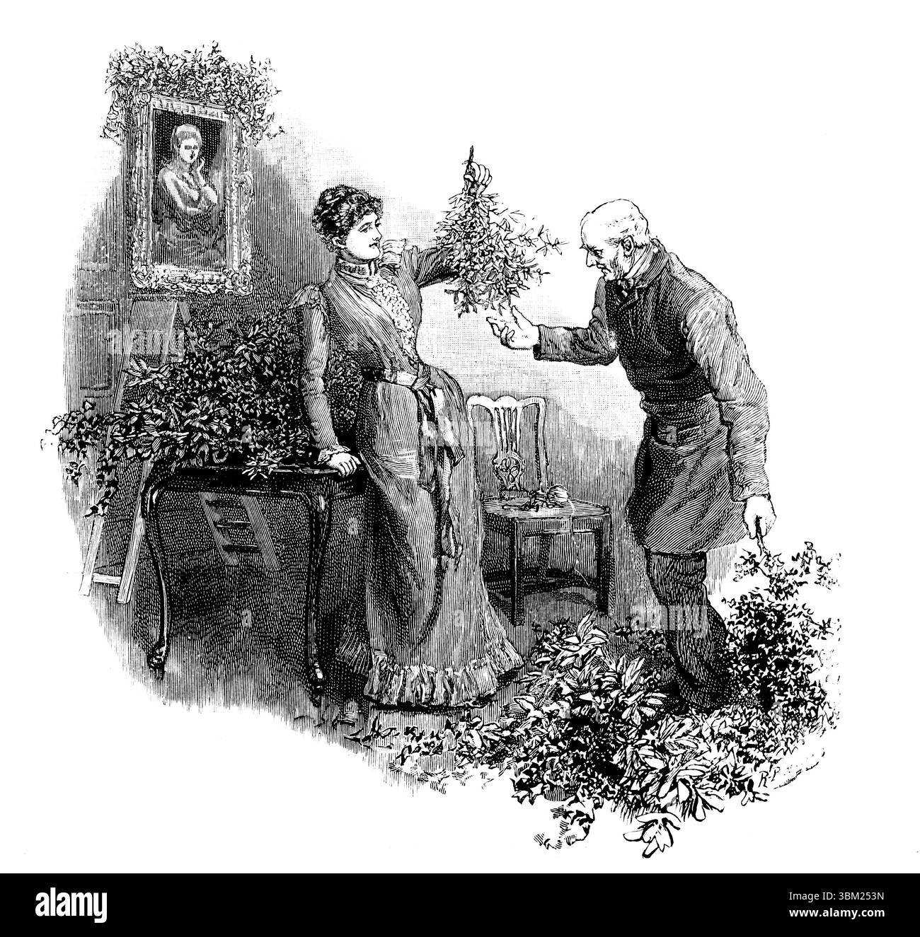 Viktorianische Weihnachten, Dame des Hauses, die das Haus dekoriert, Mistel hält, unterstützt von Diener, gravierte Strichgrafik von 1892 The Quiver mag Stockfoto