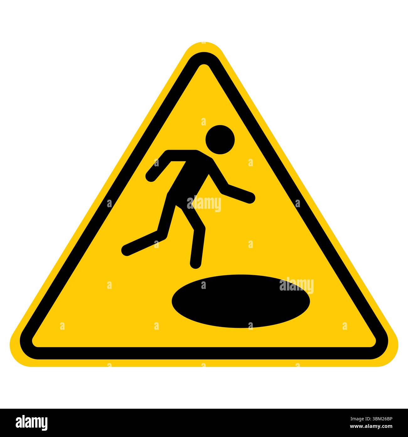 Warnschild für Loch im Boden. Gefahr von Tod oder Verletzung. Großes Kratersymbol. Nicht springen. Flacher STYLE. Stockfoto