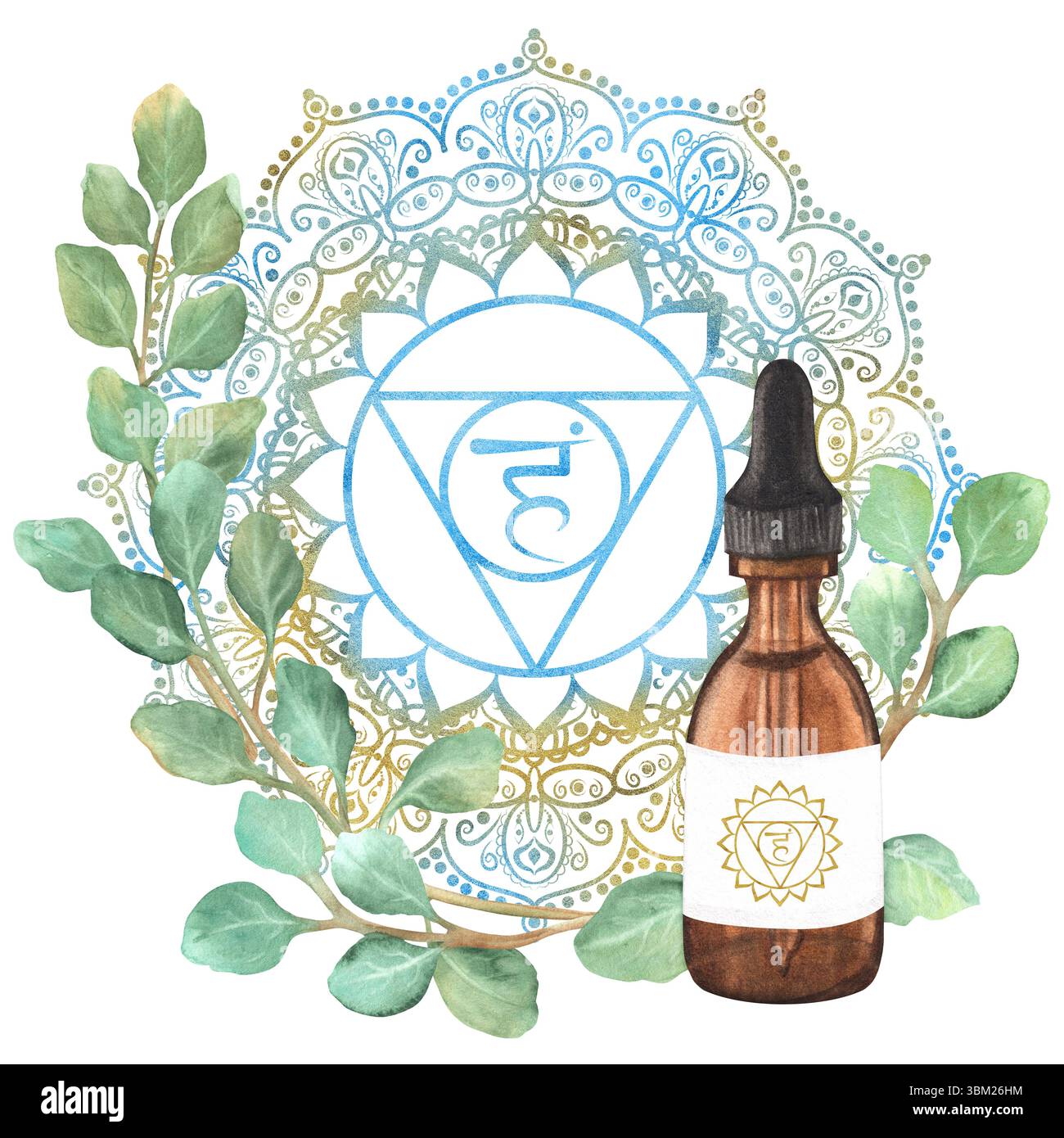 Ein elegantes, goldblaues Mandala mit Kehlchakra Vishuddha in der Mitte. Eukalyptuszweige und Glasfläschchen mit ätherischem Öl. Handgezeichnete Abbildung Stockfoto