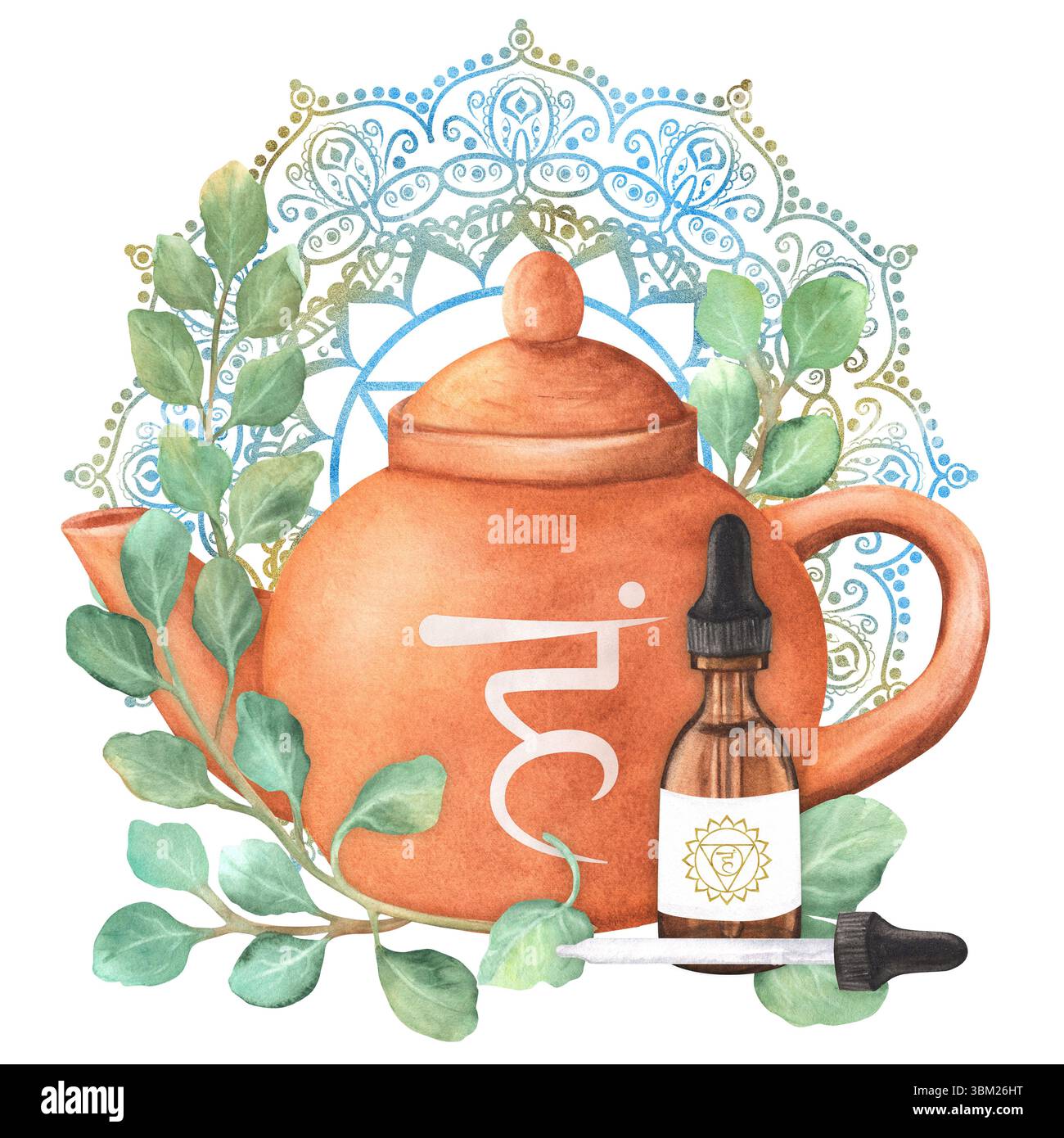 Terrakotta-Teekanne und Glasflasche mit ätherischem Öl. Eukalyptuszweige. Ein elegantes goldblaues Mandala mit Kehlchakra Vishuddha. Handgezeichnetes illustr Stockfoto