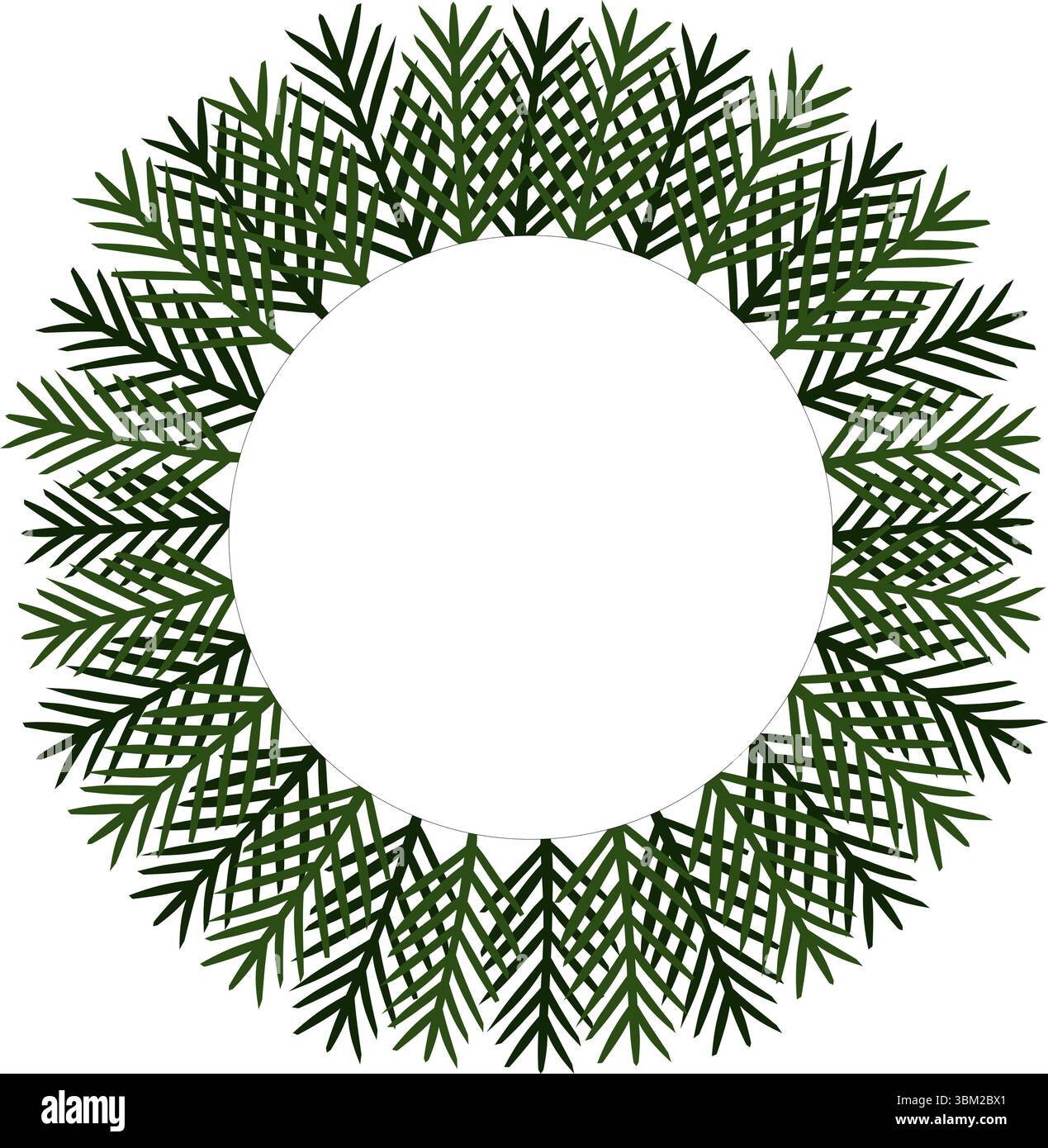 Fichtenkranz Kiefernzweig Rahmen kreisrunde Schablone. Abbildung der grafischen Vektorfarbe. Silhouettenzeichen für Logo, Druck, Comics, Mode, po Stock Vektor